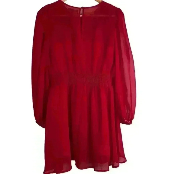 ASOS Red Embroidered Sheer Sleeve Mini Dress Elastic Waist Keyhole Back Size 8 - Picture 5 of 10